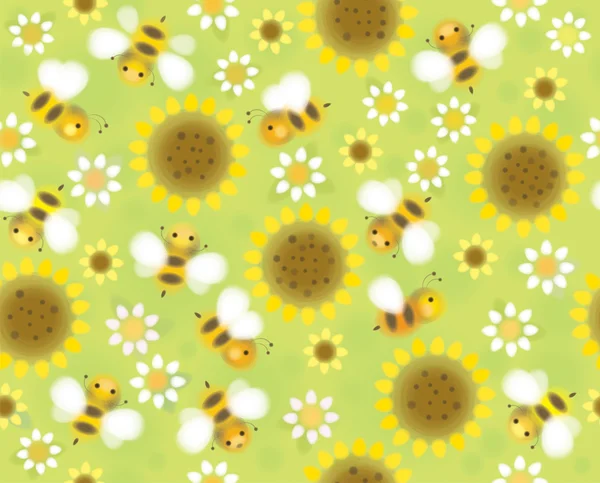 Seamless cute pattern flowers and bees — Stock Vector