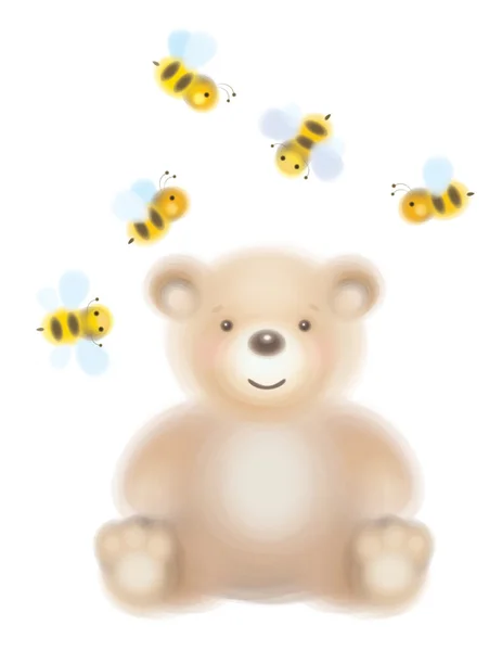 Lindo oso y abejas — Vector de stock