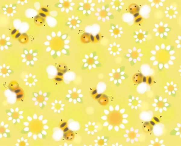 Modèle mignon avec des camomilles et des abeilles . — Image vectorielle