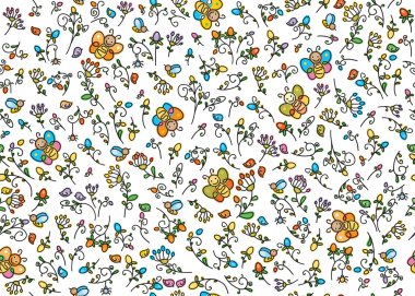 Desen flora, kuşlar ve böcekler.