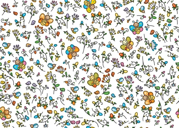Desen flora, kuşlar ve böcekler.
