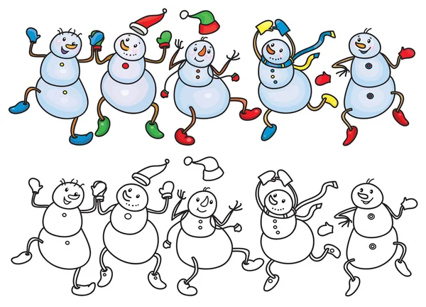 Muñecos de nieve bailando divertido — Vector de stock