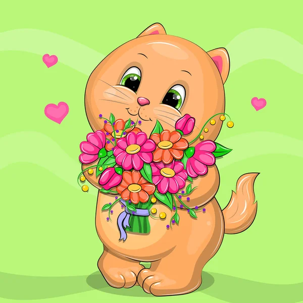 Χαριτωμένη Γάτα Λουλούδια Εικονογράφηση Διάνυσμα Του Ζώου Στο Πράσινο Φόντο — Διανυσματικό Αρχείο