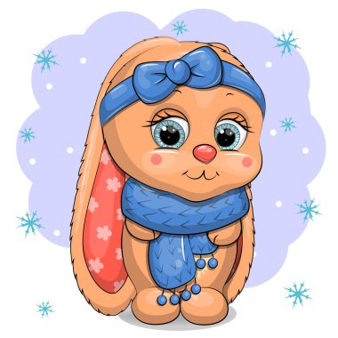 Mavi renkli şirin bir tavşan yavrusu. Kış arka planında hayvanın vektör illüstrasyonu.