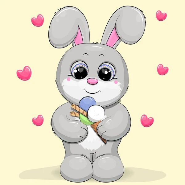 Cute Cartoon Rabbit Ice Cream Vector Illustration Animal Background Hearts — Stock Vector