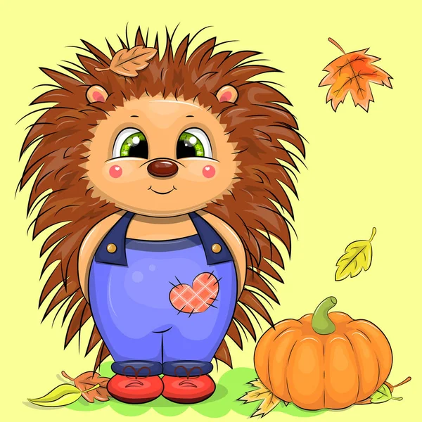 Bonito Desenho Animado Hedgehog Com Abóbora Folhas Ilustração Outono Fundo —  Vetores de Stock