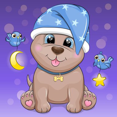 Mavi kuşların, yıldızların ve ayın olduğu gece şapkalı şirin bir çizgi film köpeği. Karanlık arka planda hayvan illüzyonu.