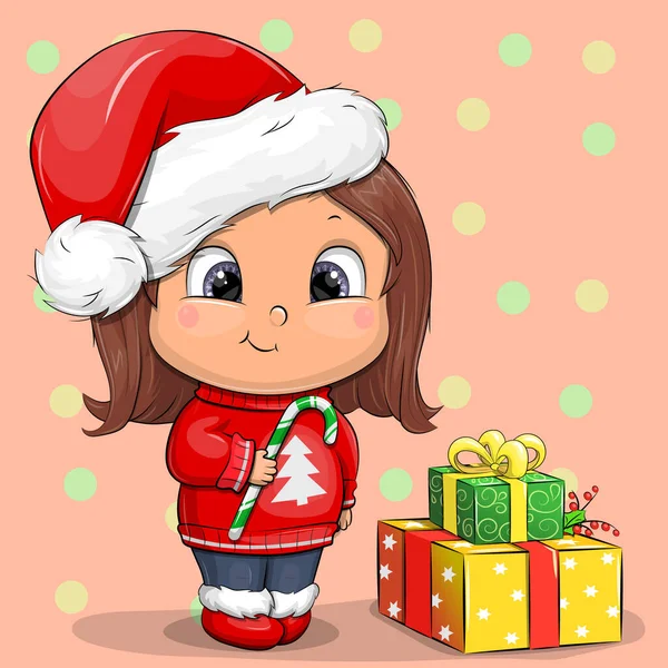 Nettes Cartoon Mädchen Mit Weihnachtsmütze Und Warmem Pullover Weihnachtsvektorillustration Mit — Stockvektor