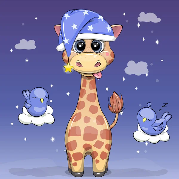 Kuşlu Gece Şapkalı Şirin Zürafa Koyu Mavi Arka Planda Yıldızlı — Stok Vektör