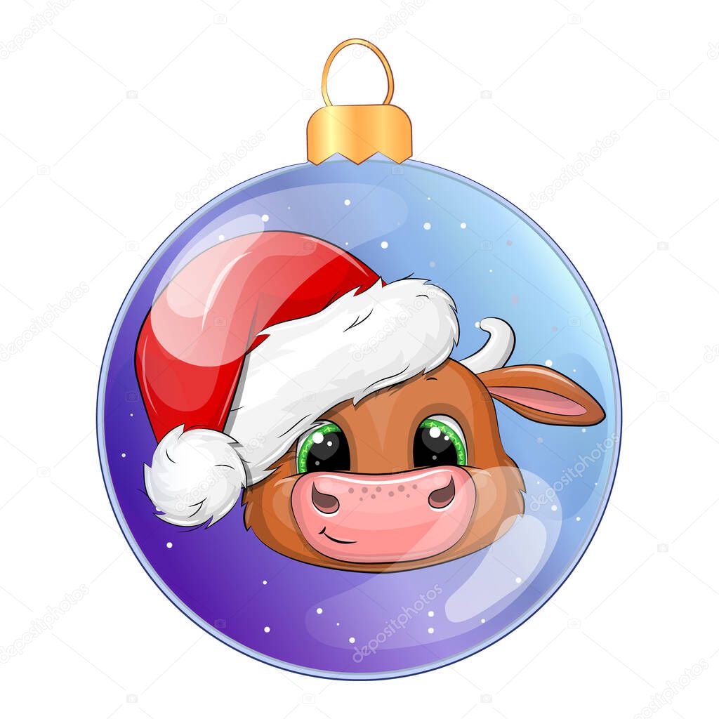 Christmas ball with cartoon bull in Santa's hat. Vector illustration isolated on white.