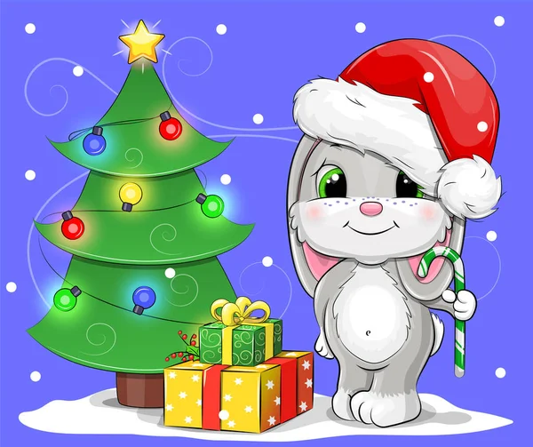 Cute Cartoon Rabbit Santa Hat Candy Cane Gifts Tree Christmas — Stock Vector
