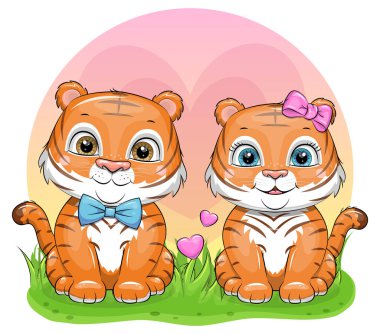 Bir çift kaplan çizgi filmi. Çimlerin üzerindeki hayvanların vektör çizimi.