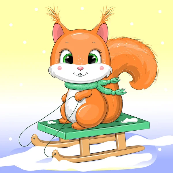 雪橇上可爱的卡通松鼠 动物冬季病媒图解 — 图库矢量图片