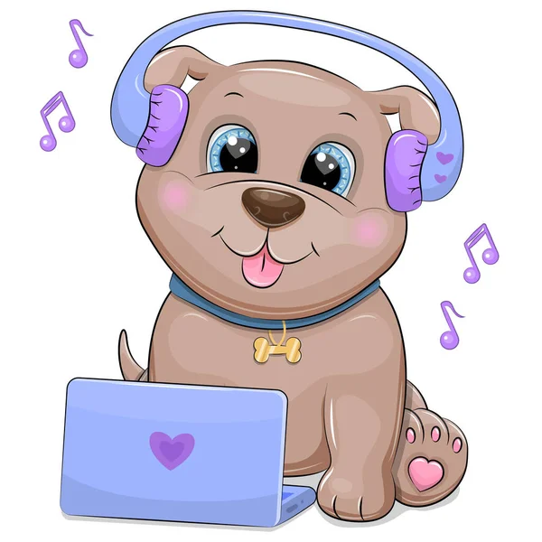 Roztomilé Kreslené Štěně Sluchátky Notebookem Poslouchá Hudbu Vektorová Ilustrace Zvířete — Stockový vektor