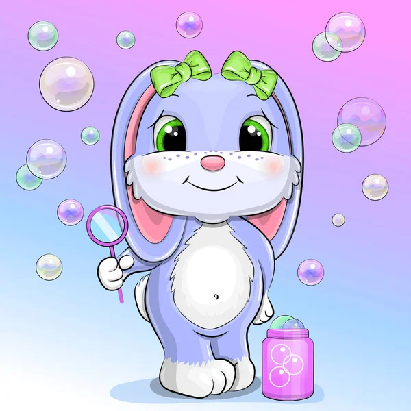 Cute Cartoon Rabbit Blowing Bubbles Vector Illustration Animal Colorful Background — Stock Vector