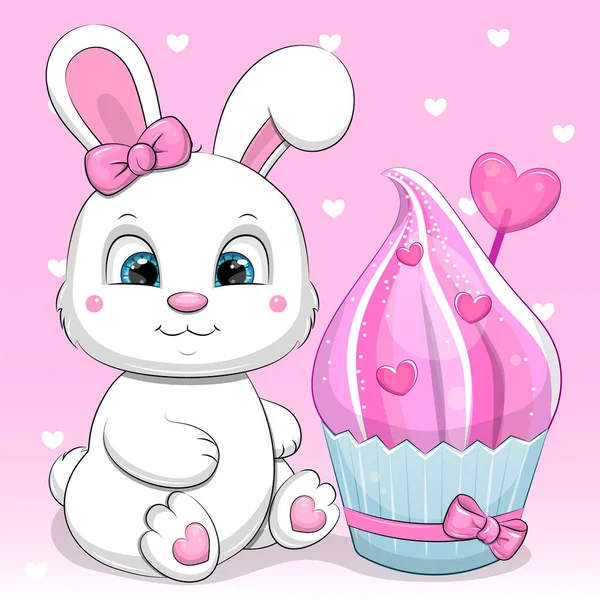 Mignon Bébé Lapin Dessin Animé Avec Cupcake Rose Illustration Vectorielle — Image vectorielle