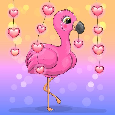 Kalp tutan sevimli pembe flamingo çizgi filmi. Renkli bir arka planda, kalpleri olan bir kuşun vektör çizimi. 