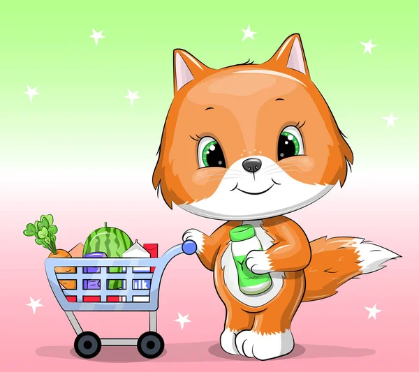 可爱的卡通狐狸与购物车充满了食品杂货 杂货店动物购物的病媒图解 — 图库矢量图片