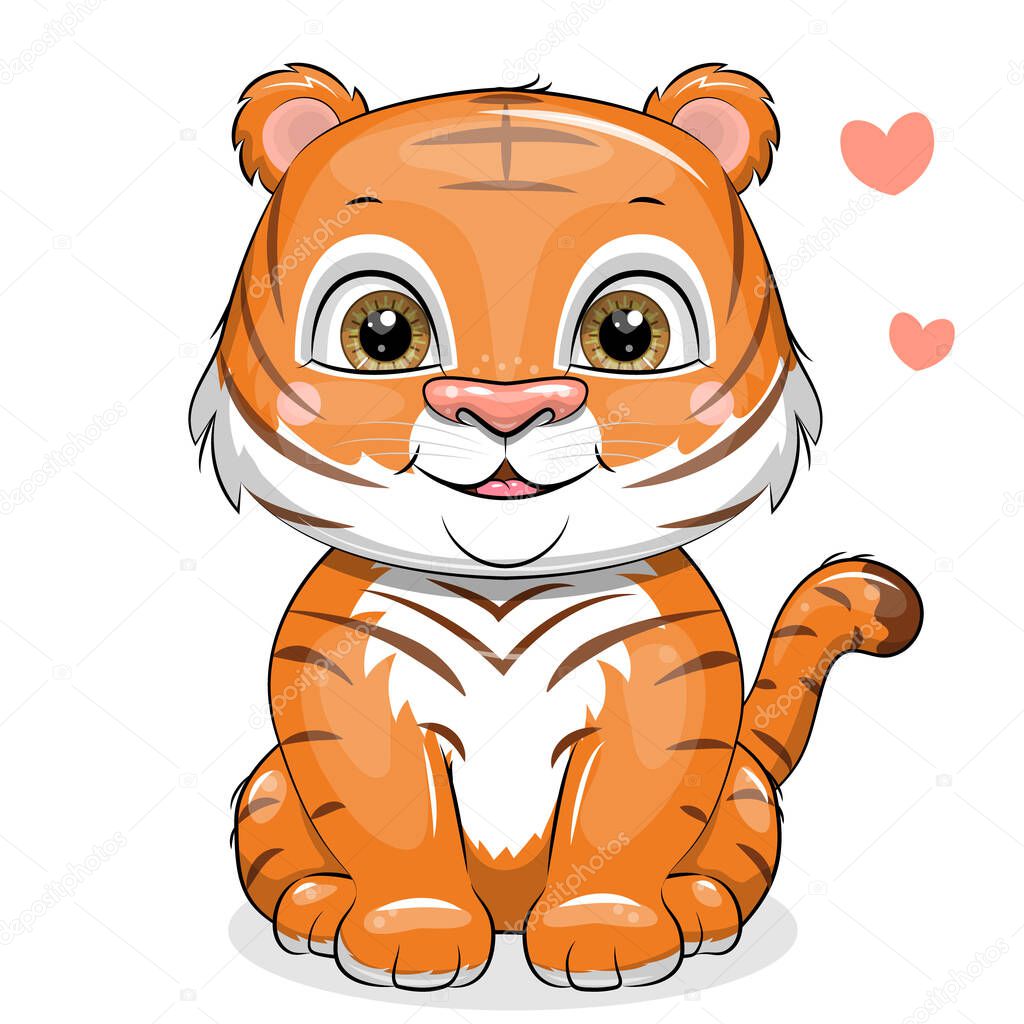 Cute cartoon tiger cub with two hearts. Vector animal illustration isolated on white.