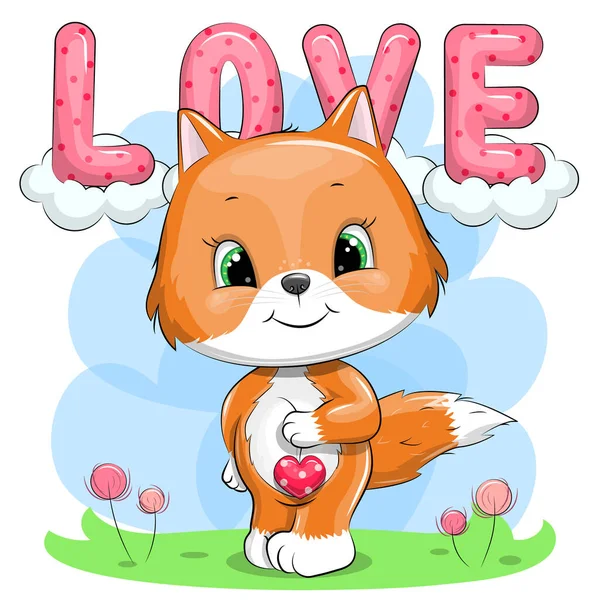 Χαριτωμένη Αλεπού Καρτούν Που Κρατάει Καρδιά Εικονογράφηση Διάνυσμα Του Ζώου — Διανυσματικό Αρχείο