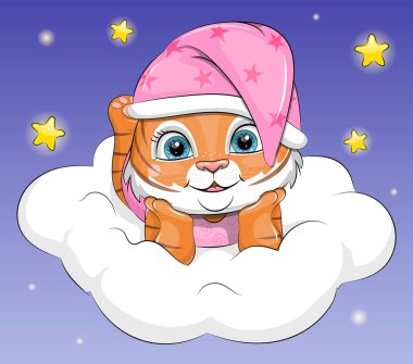 Tatlı bir çizgi film kaplan yavrusu bulutların üzerinde uzanıyor. Yıldızlı mavi arkaplanda gece vektör çizimi.