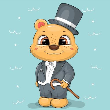 Çizgi filmdeki takım elbiseli yakışıklı beyefendi. Mavi arka planda bir ayının vektör illüstrasyonu.