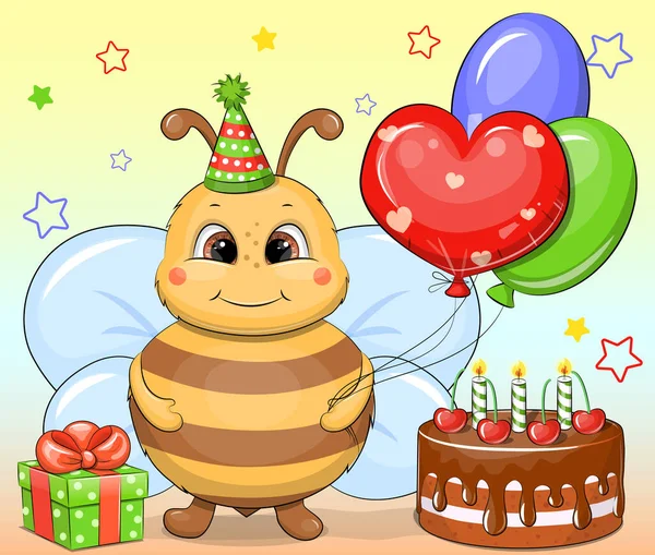 Cute Cartoon Bee Birthday Cake Balloons Gift Birthday Vector Illustration — Stock Vector