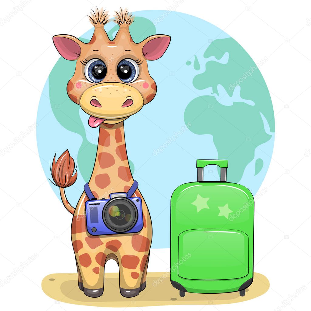 Cute cartoon giraffe with camera and luggage. Vector travel illustration with a globe in the background.