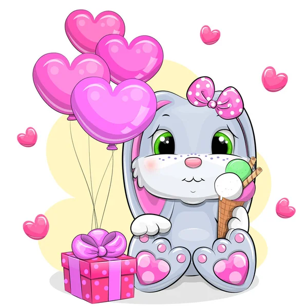 Mignon Lapin Dessin Animé Cadeau Rose Avec Des Ballons Illustration — Image vectorielle