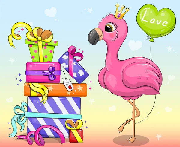Leuke Cartoon Flamingo Met Kroon Kleurrijke Geschenken Groene Ballon Vector — Stockvector
