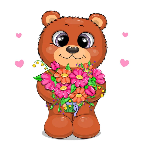 Urso Marrom Bonito Desenhos Animados Com Flores Ilustração Vetorial Isolada —  Vetores de Stock