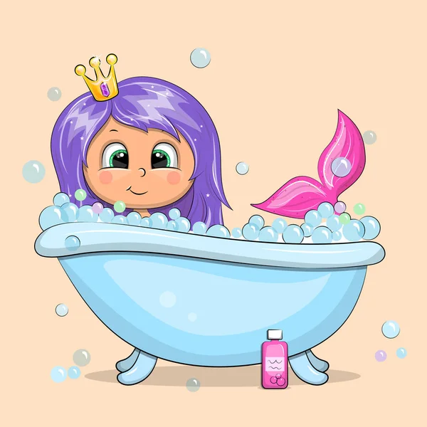 Tacını takmış şirin bir denizkızı banyo yapıyor. Kabarcıklı pembe arkaplanda vektör illüstrasyonu.