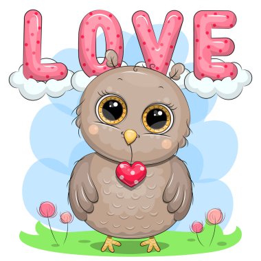 Sevimli çizgi film baykuşu, kalbi ve mesajı var. Bir kuşun vektör illüstrasyonu.