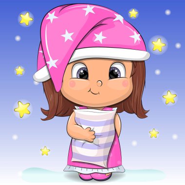 Tatlı çizgi film kızı uyuyacak. Mavi arkaplanda yıldızlı gece vektör illüstrasyonu.