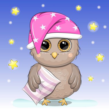 Yatmadan önce kafasında yastık olan sevimli bir baykuş. Mavi arkaplanda yıldızlı gece vektör illüstrasyonu.