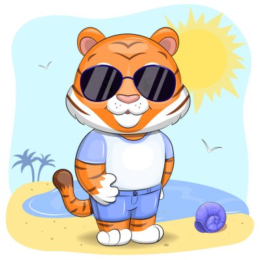 Sahilde güneş gözlüklü şirin çizgi film kaplanı. Güneş ve deniz ile yaz vektör illüstrasyonu.