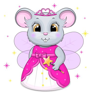 Cute cartoon fairy mouse in a pink dress. Vector illustration of an animal on a white background.