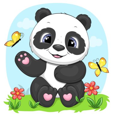 Çiçekli ve kelebekli şirin bir panda. Çimlerin üzerinde oturan bir hayvanın vektör çizimi.