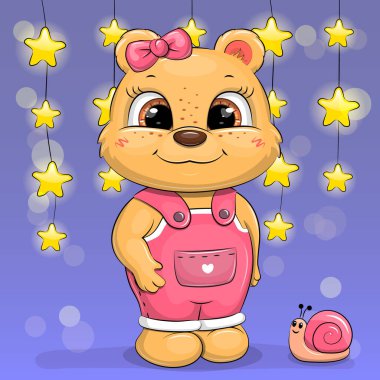 Pembeli sevimli çizgi film ayısı. Mavi arka planda yıldızlı bir hayvanın vektör çizimi.