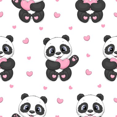 Sevimli pandalar ve pembe kalplerle kusursuz bir desen. Beyaz arkaplanda vektör illüstrasyonu.