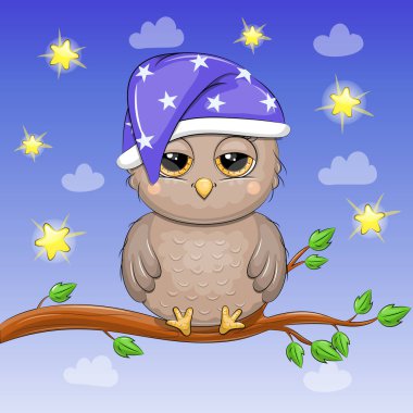 Gece içkisi içen sevimli baykuş ağaçta uyuyor. Mavi arkaplanda yıldızlı gece vektör illüstrasyonu.