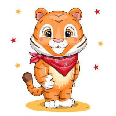 Kırmızı eşarplı şirin çizgi film kaplanı. Beyaz arka planda yıldızlı bir hayvanın vektör çizimi.