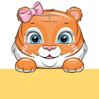 Pembe fiyonklu ve mavi gözlü şirin bir kaplan kafası. Hayvanın vektör illüstrasyonu.