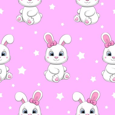 Beyaz tavşan çizgi filmlerinin kusursuz deseni. Pembe arka planda beyaz yıldızlı bir hayvanın vektör çizimi.