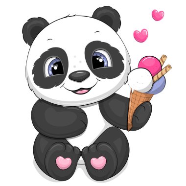 Dondurmalı şirin çizgi film pandası. Beyazda izole edilmiş bir hayvanın vektör çizimi.