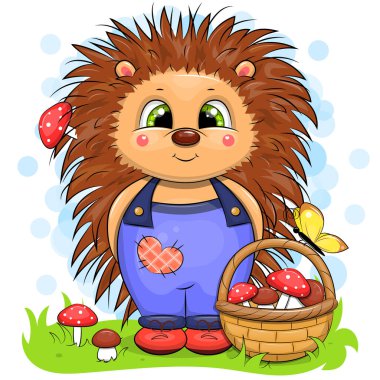 Bir sepet mantarlı şirin bir kirpi. Bir hayvanın vektör çizimi.