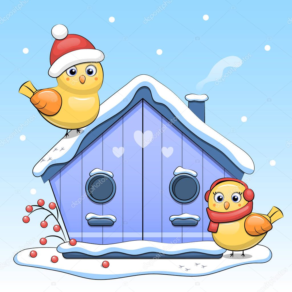 Cute cartoon birdhouse with birds in winter. Vector illustration on blue background with snow.