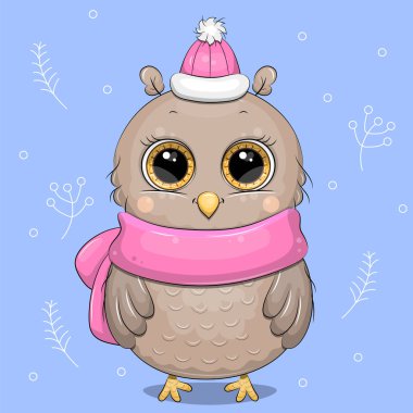 Pembe eşarp ve şapkalı, sevimli kış baykuşu çizgi filmi. Mavi arkaplandaki hayvanın vektör illüstrasyonu.