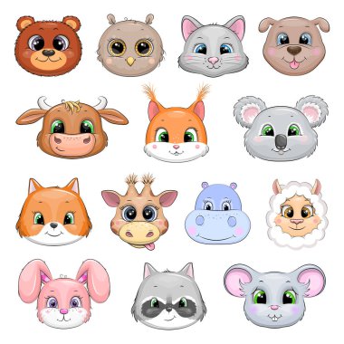 Sevimli hayvan kafaları: ayı, baykuş, kedi, köpek, boğa, sincap, koala, tilki, zürafa, su aygırı, lama, tavşan, rakun, fare.