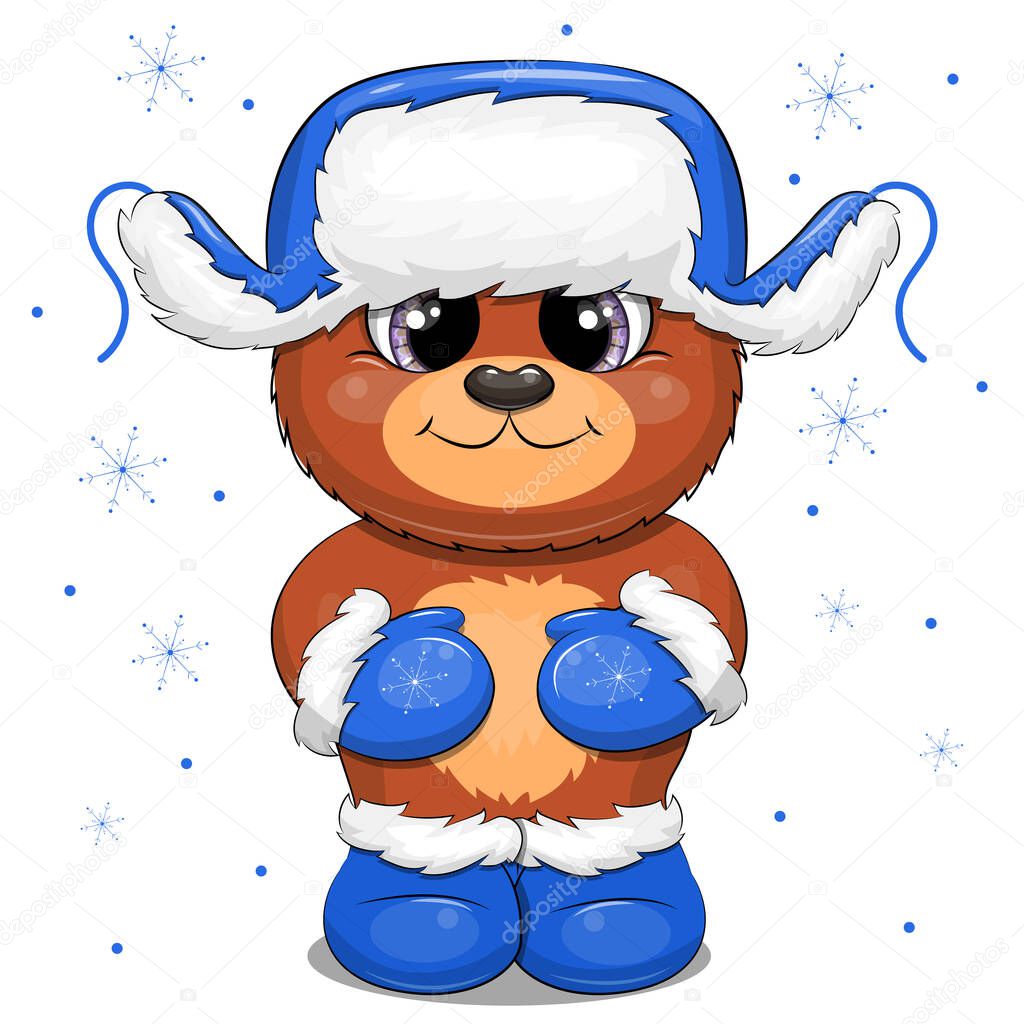 Cute cartoon brown bear in winter blue hat with with ear flaps, gloves and boots. Winter vector illustration on white background with snowflakes.